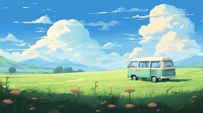 蓝天白云草地花丛汽车卡通插画素材背景(x)