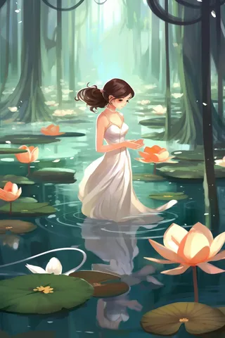 白衣少女在睡莲湖里树木卡通插画