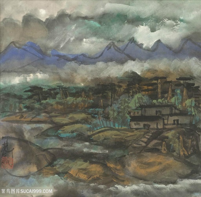 林风眠水彩乡村山脉风景画