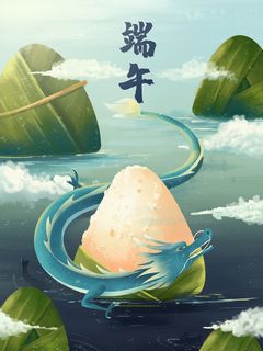 国潮风中国传统节日端午节赛龙舟粽子场景插画海报PSD设计素材