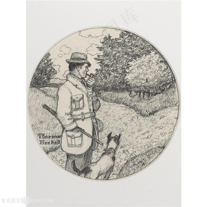 诺曼 · 洛克威尔手绘素描男士烟斗艺术装饰画