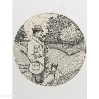 诺曼 · 洛克威尔手绘素描男士烟斗艺术装饰画