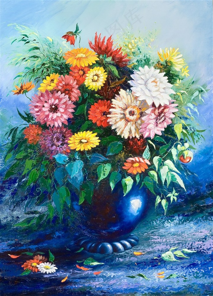 蓝色调清新典雅花卉高清油画素材