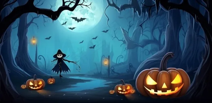 万圣节夜晚坟墓恐怖月色树林插画蓝黑色背景(1568x768)