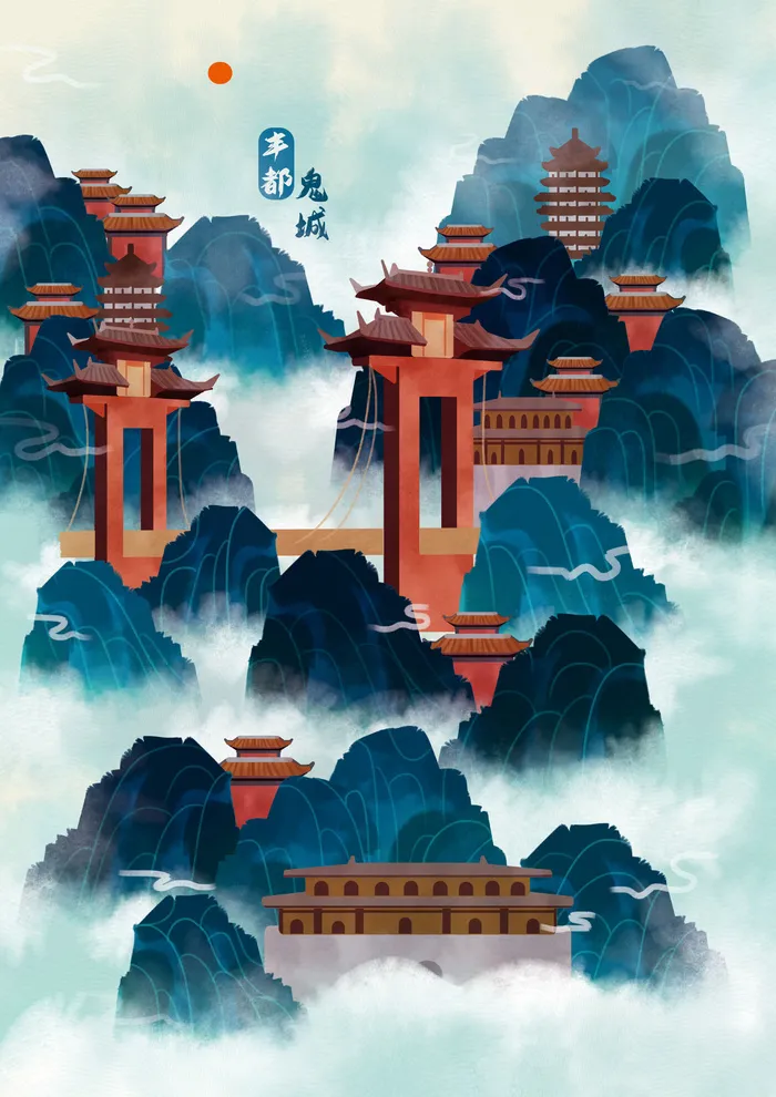 中国风国潮古建筑地标城市古风建筑阁楼印象地标手绘插画PSD素材psd模版下载