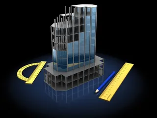 正在搭建的蓝色商务大楼模型