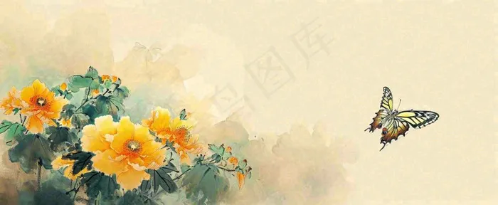 温馨纹理橙色花朵鲜花蝴蝶意境唯美，中国风(1712x704)