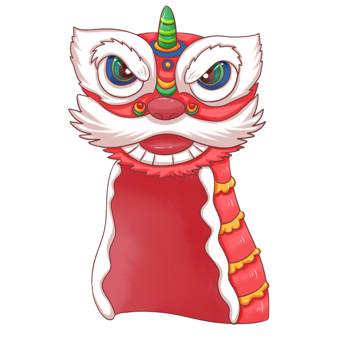 新年春节虎年元宵手绘人物舞狮卡通狮子头插画元素PSD设计素材