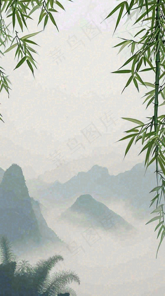 中国风云雾山脉意境竹叶山雾画插画(816x1456)