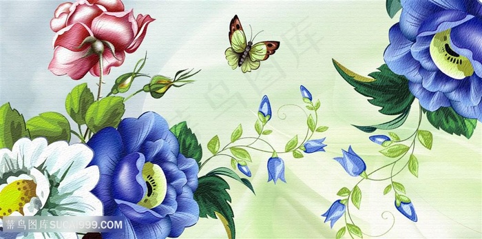 手绘牡丹花插画装饰画背景墙高清图片