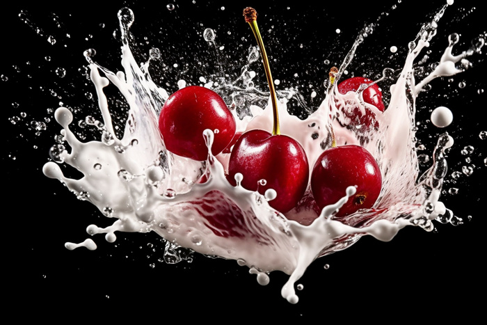 水果牛奶碰撞融合车厘子液体撞击迸射瞬间摄影图