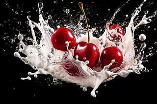 水果牛奶碰撞融合车厘子液体撞击迸射瞬间摄影图