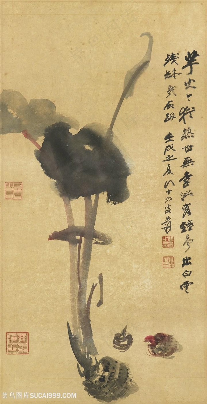 张大千手绘植物树木挂画