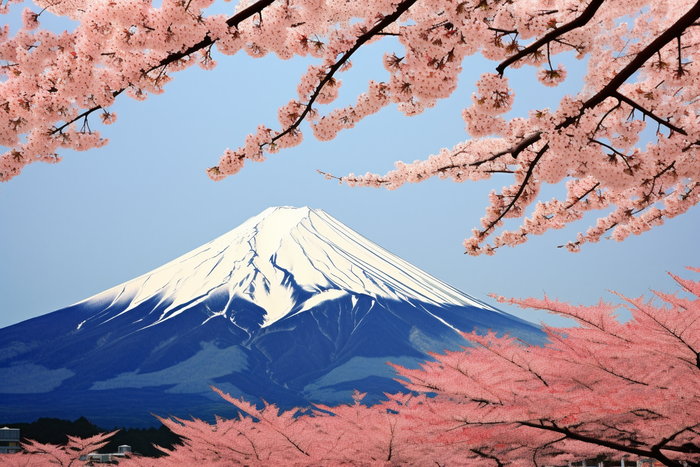 a view of a snow capped mountain in the distance, a picture by Tadashi Nakayama, shutterstock, ukiyo-e, japan nature, mount fuji, sakura season 