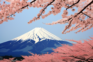 a view of a snow capped mountain in the distance, a picture by Tadashi Nakayama, shutterstock, ukiyo-e, japan nature, mount fuji, sakura season 