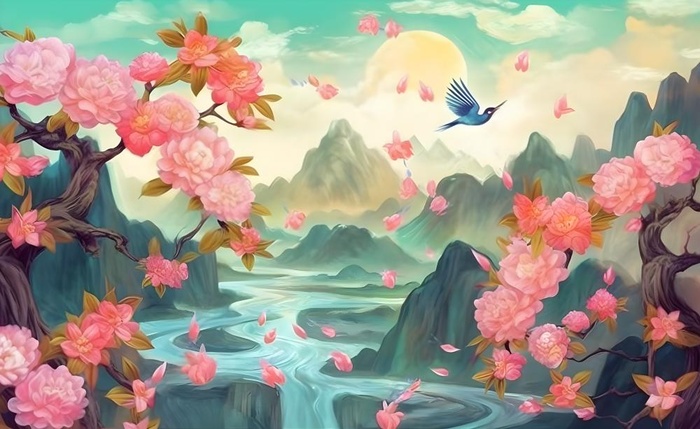 国潮风山峦云树枝花鸟插画海报素材背景(5632x3456)