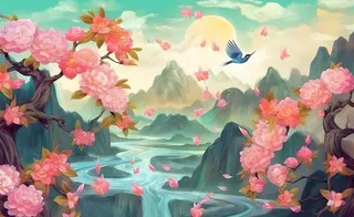 国潮风山峦云树枝花鸟插画海报素材背景