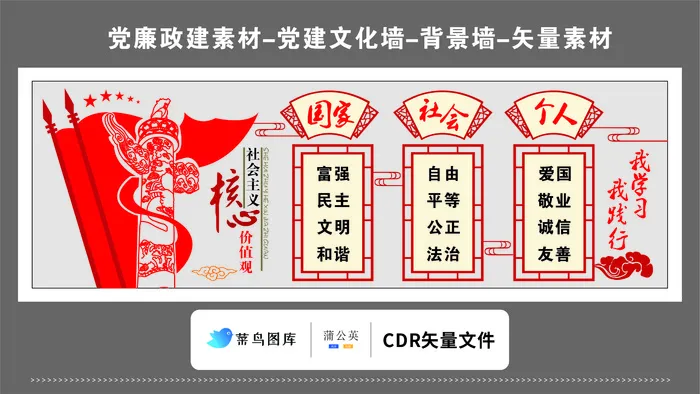 党建文化墙党建素材CDR预览图红色背景*核心价值观国家社会个人cdr矢量模版下载