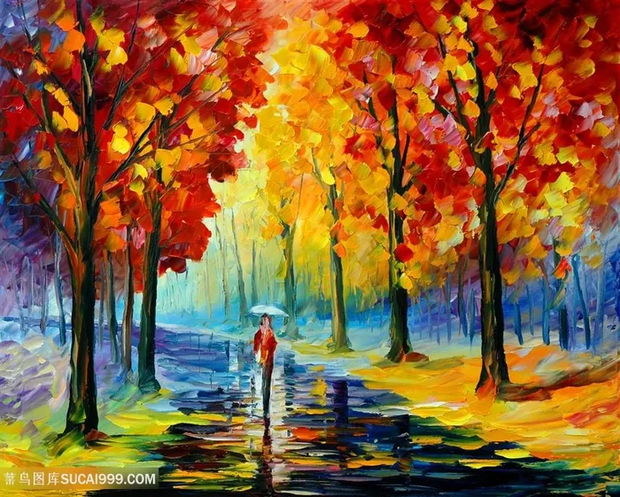 树林道路行人油画美景插画