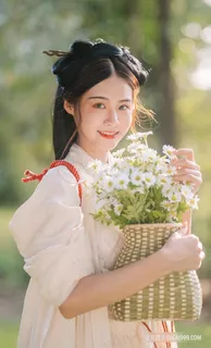 甜美可爱的白衣古装美女捧着一篮子小雏菊写真图片