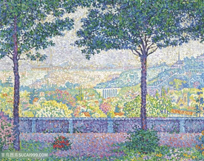 水彩树房子油画图片