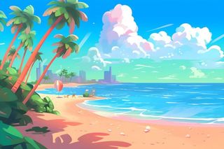 海边度假沙滩椰树冲浪天空插画背景