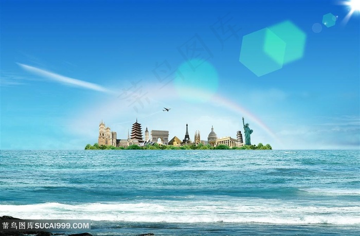 海景海上建筑风景画韩式自然背景