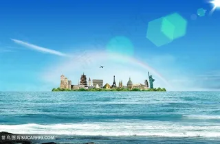 海景海上建筑风景画韩式自然背景