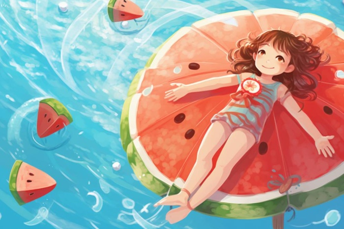 女孩游泳泳池西瓜背景(1344x896)