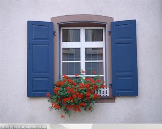 地中海风情----街道建筑的窗户和红色花朵