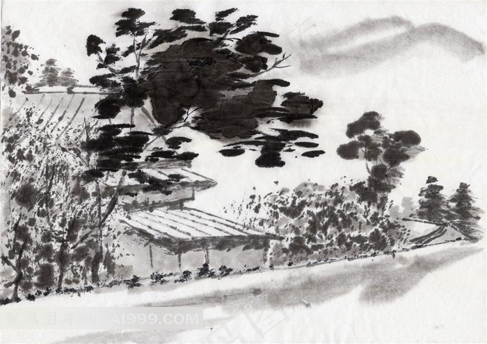 乡间的小木屋水墨画