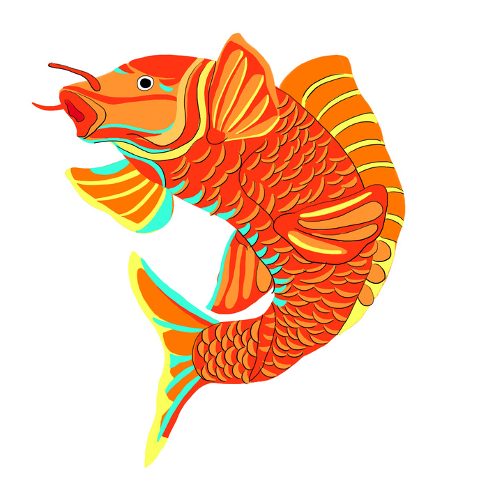 手绘烫金国潮中国风卡通锦鲤鱼金鱼插画装饰元素PSD设计素材