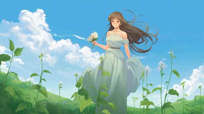 长发少女在草坪花丛蓝天白云卡通插画