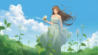 长发少女在草坪花丛蓝天白云卡通插画