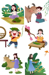 清明节青团卡通踏青人物男女孩放牛娃元素春季春游PSD设计PNG素材 清明节青团卡通踏青人物男女孩放牛娃元素春季春游PSD设计PNG素材
