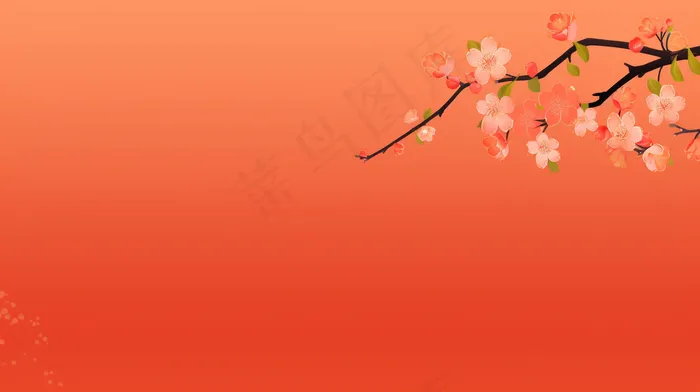 红色背景梅花桃花树枝背景(4368x2448)