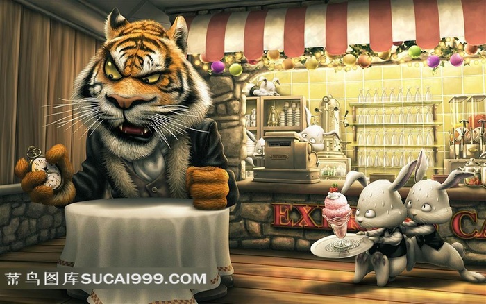 老虎小兔子插画素材