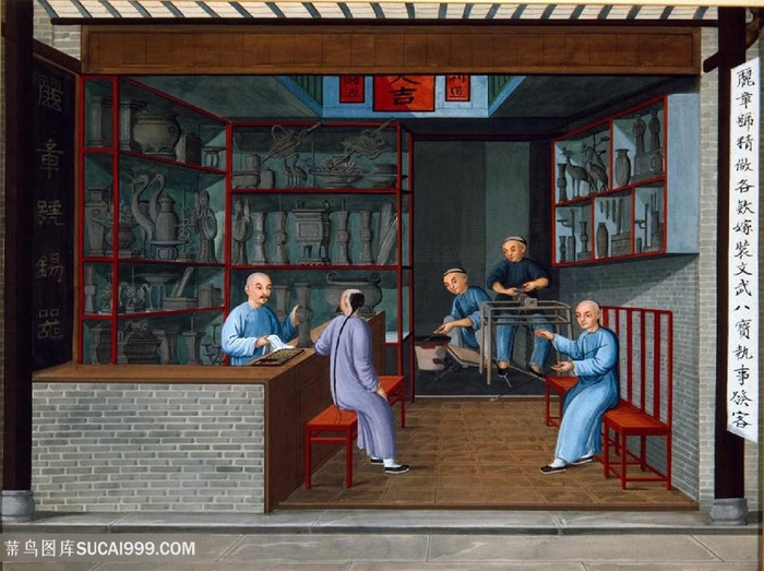 古代古董集市贸易场景绘画图片