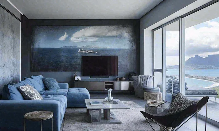 室内设计家具家装展示客厅沙发电视海景，简约摄影图(1424x848)