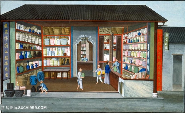 古代瓷器集市贸易场景绘画图片