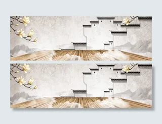 中国风传统水墨古风古典展板边框工笔画PS海报背景平面设计素材