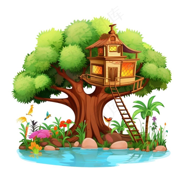 大树上的木屋树屋书本卡通插画免抠(1024x1024)