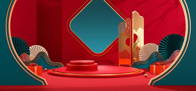 中国风国潮电商促销首页海报C4D背景图3D场景立体设计PSD素材模板