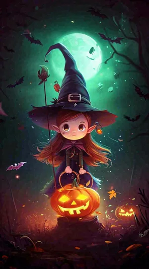 万圣节夜晚黑色南瓜恐怖卡通小鬼手绘插画