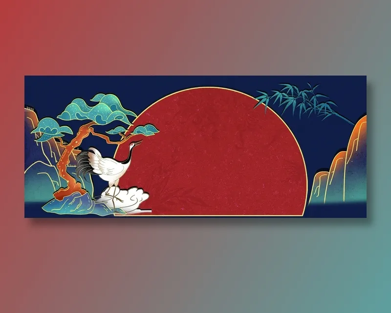 手绘吉祥仙鹤国潮风展板背景(1920x800)psd模版下载