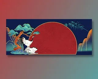 手绘吉祥仙鹤国潮风展板背景