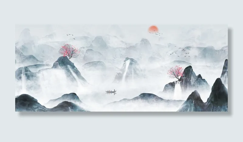 美丽云雾山峰装饰画PSD素材psd模版下载