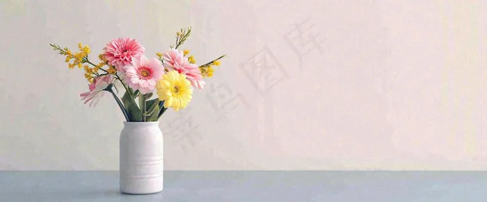 简约的墙面前有一瓶鲜花花束绿植，鲜艳清新新鲜室内装饰摄影图(1680x696)
