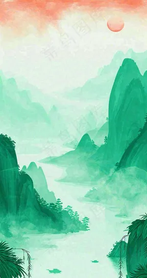 国风意境山水画落日绿色