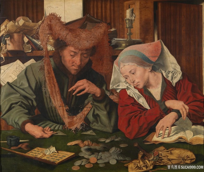 算钱的夫妻人物油画